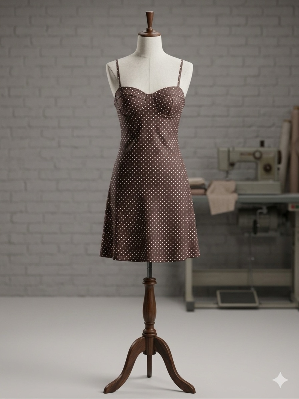 Polka Dot Brown Swing Dress with Spaghetti Straps